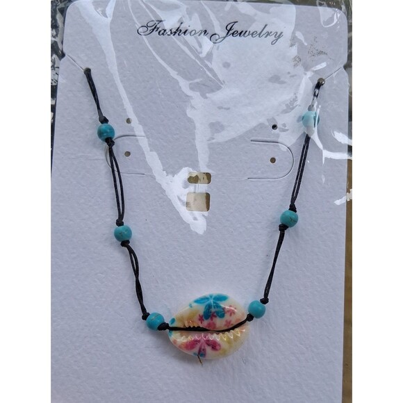 Sea Shell Choker or Necklace Turquoise Beads Floral Painted - Picture 1 of 7